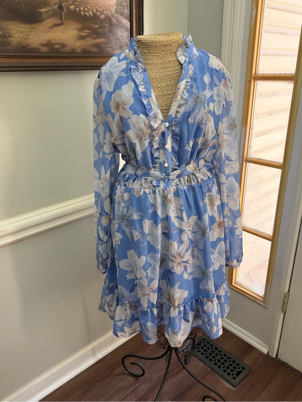 Joie Sky Blue Floral Ruffle Long-Sleeve Dress
